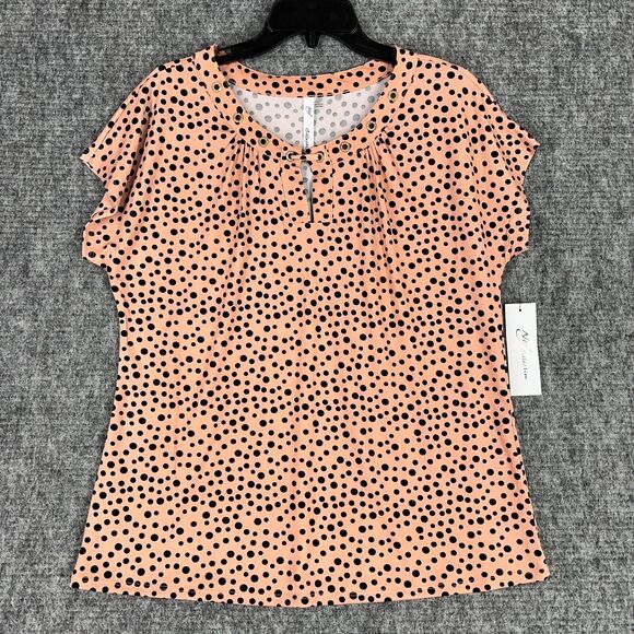 NY Collection Shirt‎ Womens L Salmon Blouse Black Polka Dots Fitted Business - Picture 1 of 6